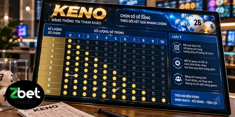 Bảng trả thưởng Keno theo số lượng số chọn và số lượng số trúng