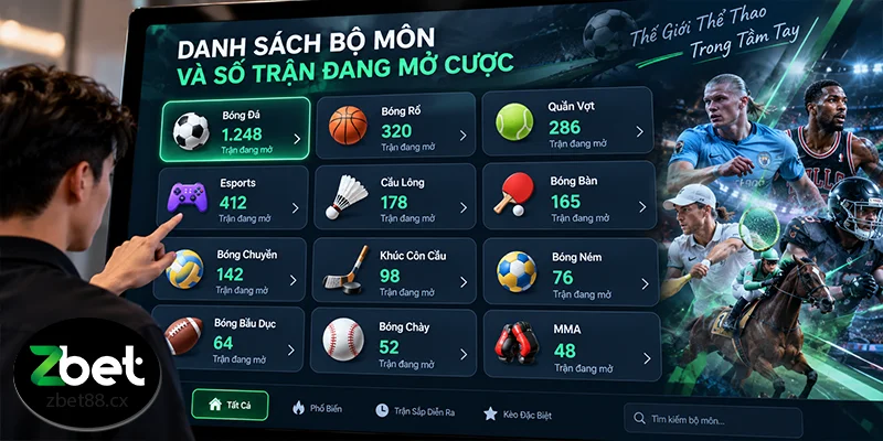 Danh sách bộ môn và số trận đang mở cược tại sảnh thể thao