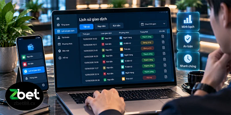 Lịch sử giao dịch với trạng thái từng lệnh nạp và rút
